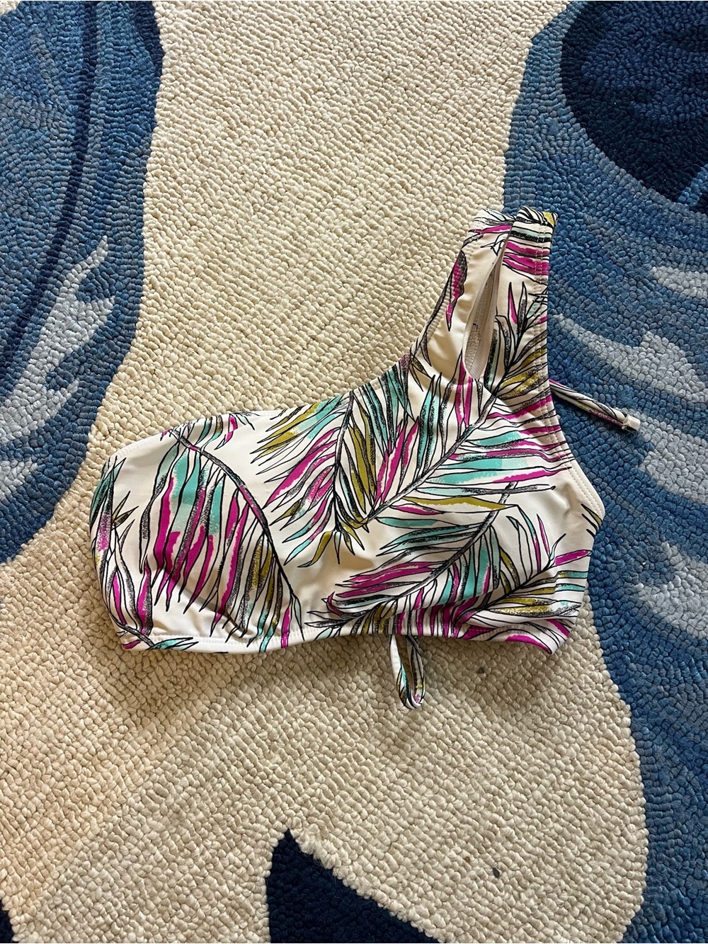 Women’s One-Shoulder Tropical Print Bikini Top - White with Pink & Teal Leaves